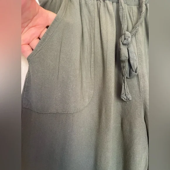 Joggers Paper Bag Waist with Elastic Pockets Side Ankle Tie Olive Green Casual - Picture 8 of 9